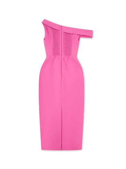 'JACKIE O' OFF THE SHOULDER HOURGLASS MIDI DRESS PINK