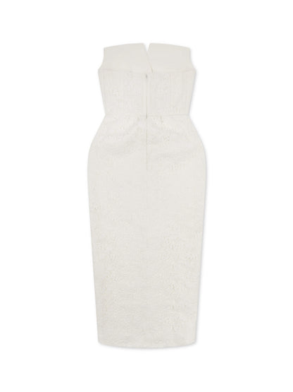 'MARILYN' EXAGGERATED SQUARE BANDEAU BUTTON DETAIL MIDI DRESS WHITE