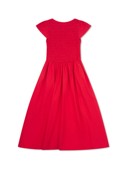 'ELIZABETH' SHIRRED BODICE SHORT SLEEVE MIDAXI DRESS RED