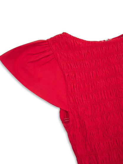 'ELIZABETH' SHIRRED BODICE SHORT SLEEVE MIDAXI DRESS RED