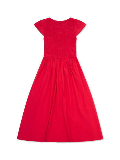 'ELIZABETH' SHIRRED BODICE SHORT SLEEVE MIDAXI DRESS RED
