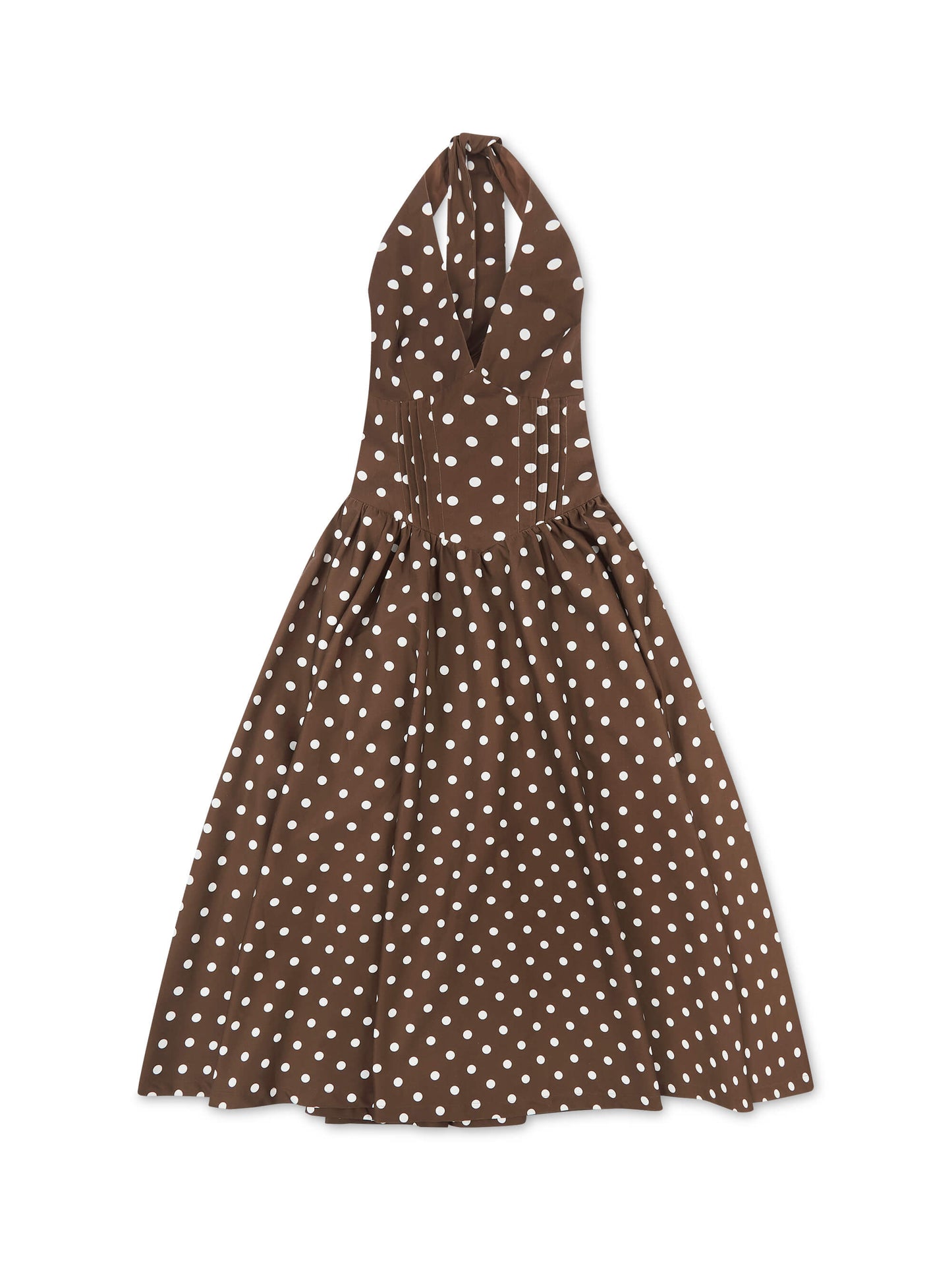'PRETTY WOMAN' POLKA DOT HALTER NECK CORSET MIDI DRESS BROWN
