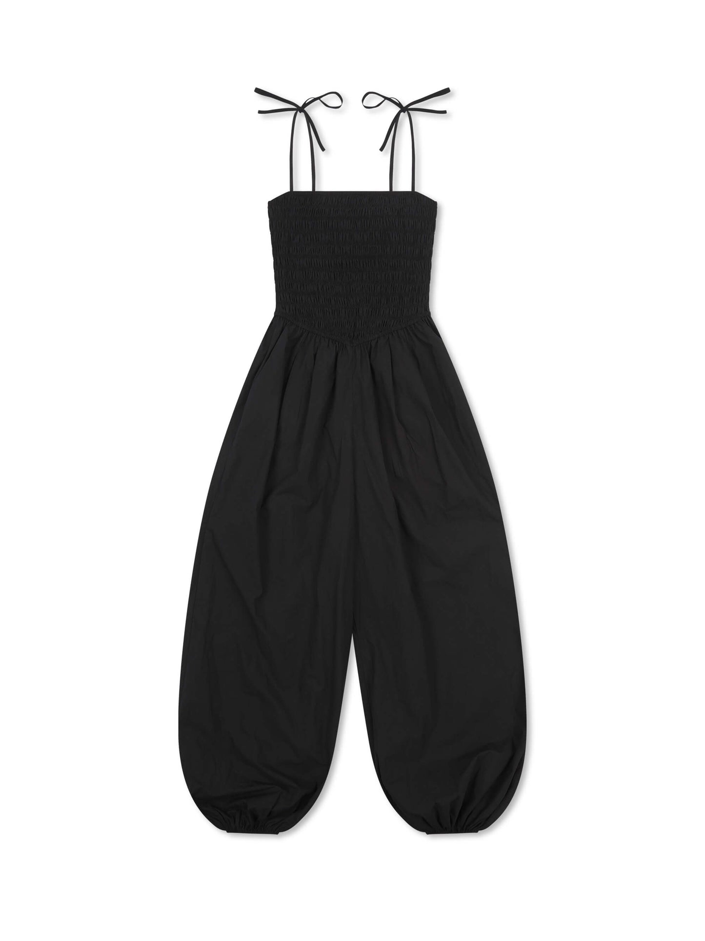 'OFF CAMPUS' SHIRRED BODICE BALLOON LEG JUMPSUIT BLACK