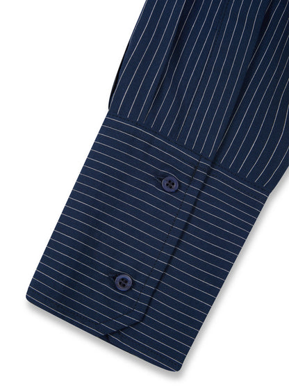 ‘EASY DOES IT’ OVERSIZED STRIPE COTTON BOX PLEAT SHIRT NAVY