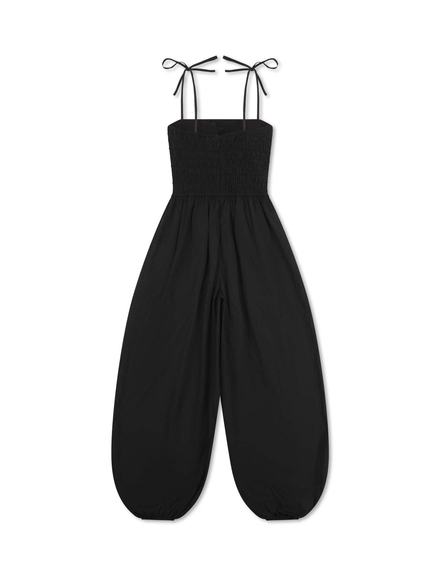 'OFF CAMPUS' SHIRRED BODICE BALLOON LEG JUMPSUIT BLACK