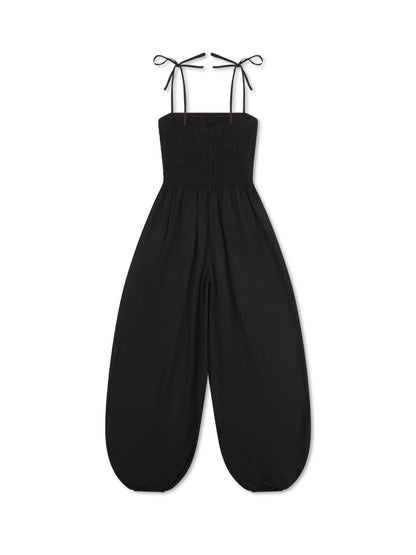 'OFF CAMPUS' SHIRRED BODICE BALLOON LEG JUMPSUIT BLACK