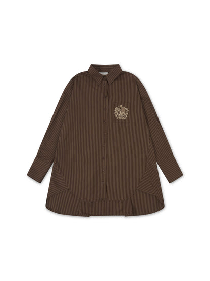 ‘EASY DOES IT’ STRIPE COTTON BOX PLEAT SHIRT BROWN