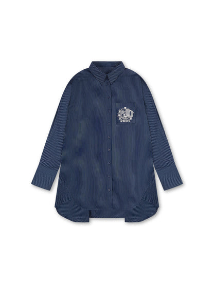 ‘EASY DOES IT’ OVERSIZED STRIPE COTTON BOX PLEAT SHIRT NAVY