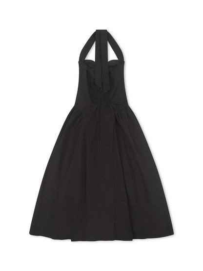 'BRIDGET' BUTTON THROUGH GATHERED MIDI DRESS BLACK