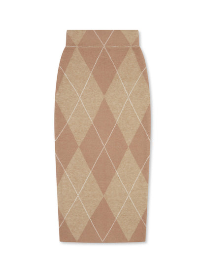 ‘PICTURE PERFECT’ ARGYLE DIAMOND KNIT COLUMN SKIRT CAMEL
