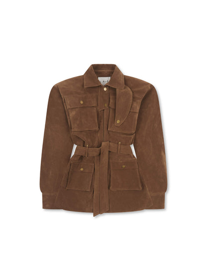 **PRE-ORDER** ‘STEVIE' FAUX SUEDE UTILITY HOURGLASS JACKET BROWN