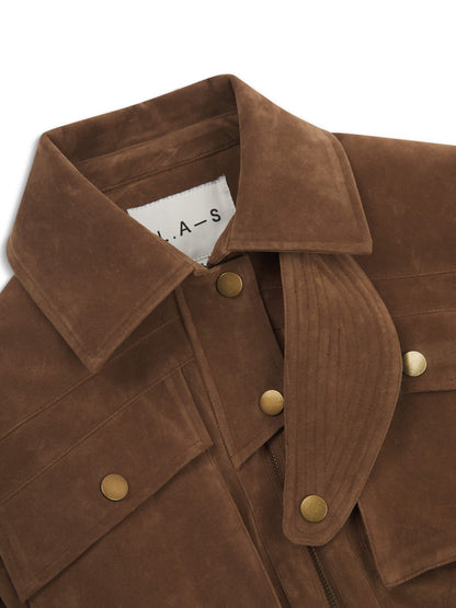 **PRE-ORDER** ‘STEVIE' FAUX SUEDE UTILITY HOURGLASS JACKET BROWN