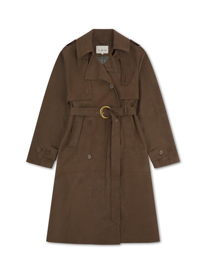 'VERSAILLES' LIMITED EDITION FAUX LEATHER SIGNATURE BELTED TRENCH COAT BROWN