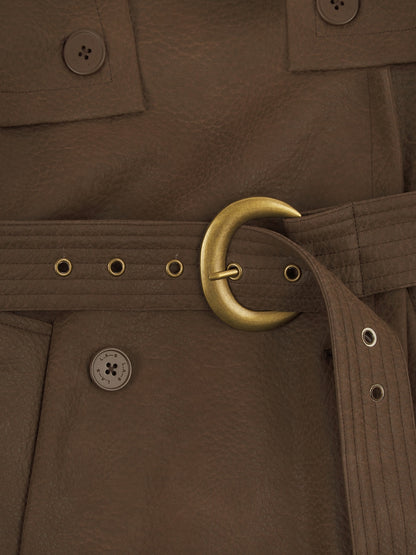 'VERSAILLES' LIMITED EDITION FAUX LEATHER SIGNATURE BELTED TRENCH COAT BROWN