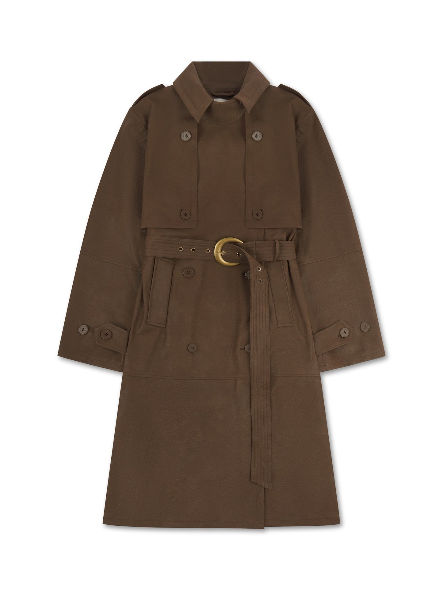 'VERSAILLES' LIMITED EDITION FAUX LEATHER SIGNATURE BELTED TRENCH COAT BROWN