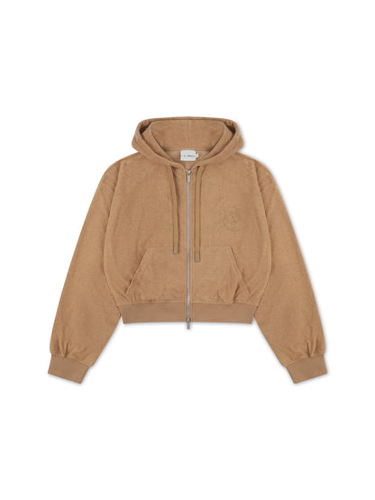 'NICOLE' VELOUR TOWELLING EMBROIDERED ZIP UP HOODIE CAMEL