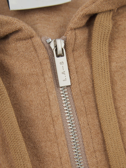 'NICOLE' VELOUR TOWELLING EMBROIDERED ZIP UP HOODIE CAMEL