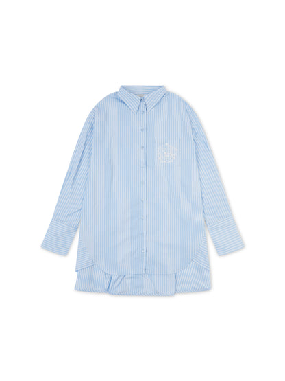 ‘EASY DOES IT’ STRIPE COTTON BOX PLEAT SHIRT BLUE