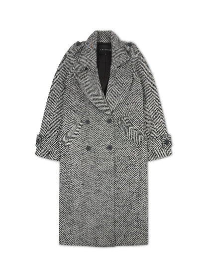 'MORGAN' HERRINGBONE DOUBLE BREASTED BELTED COAT BLACK