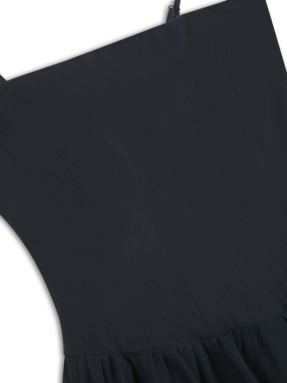 'ELODIE' SQUARE NECK CORSET MIDI DRESS NAVY