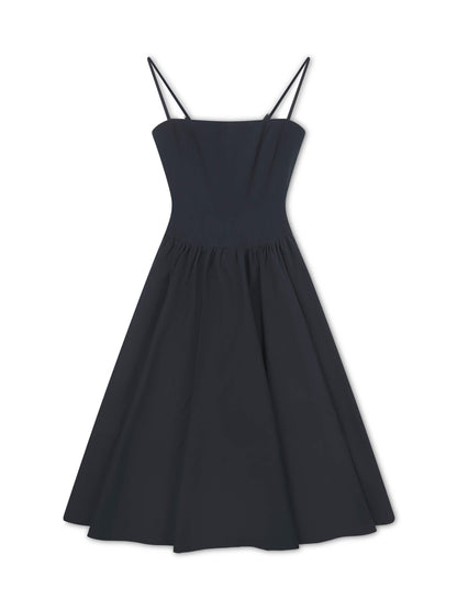 'ELODIE' SQUARE NECK CORSET MIDI DRESS NAVY
