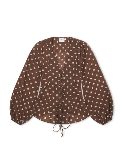 'VIVIAN' POLKA DOT LACE UP BLOUSE BROWN