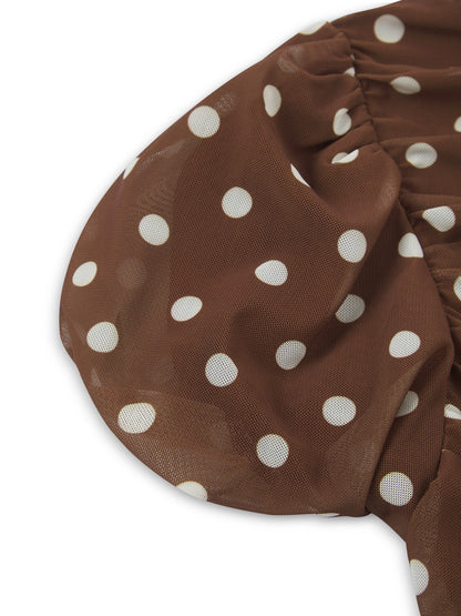 'JULIA' POLKA DOT PUFF SLEEVE RUCHED TOP BROWN