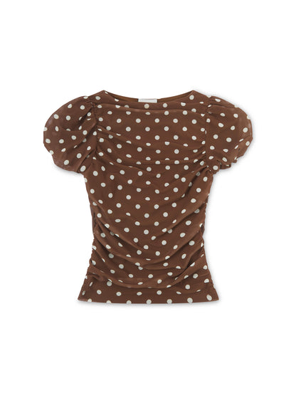 'JULIA' POLKA DOT PUFF SLEEVE RUCHED TOP BROWN