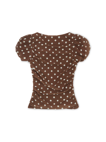 'JULIA' POLKA DOT PUFF SLEEVE RUCHED TOP BROWN