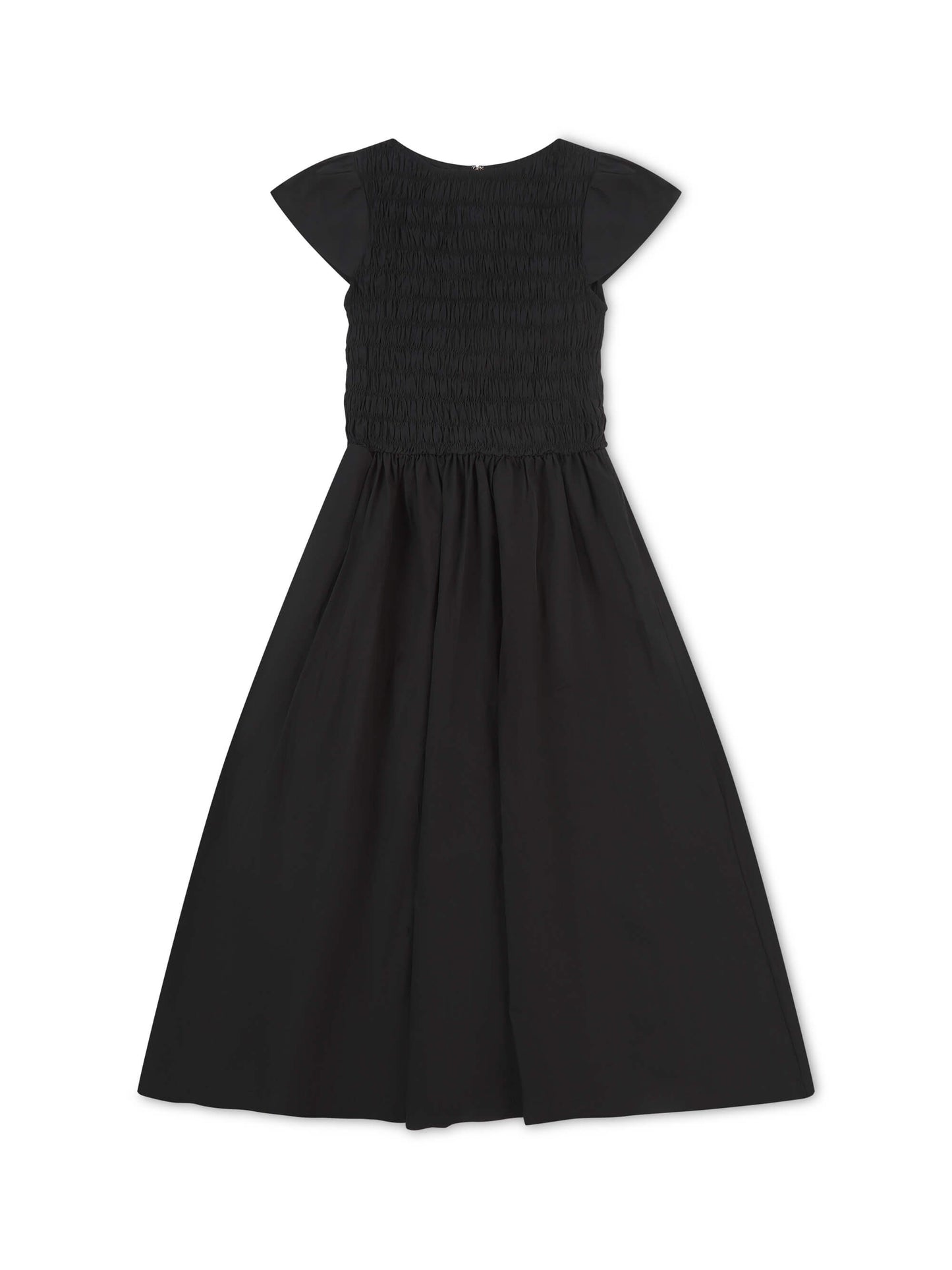 'ELIZABETH' SHIRRED BODICE SHORT SLEEVE MIDAXI DRESS BLACK