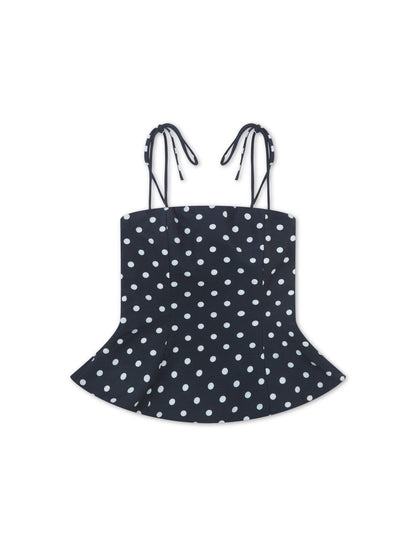'LOTUS' POLKA DOT SQUARE NECK PEPHEM TOP NAVY