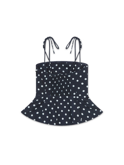 'LOTUS' POLKA DOT SQUARE NECK PEPHEM TOP NAVY