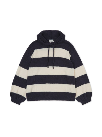 'HAMPTONS' KNITTED STRIPE BALLOON SLEEVE HOODIE NAVY