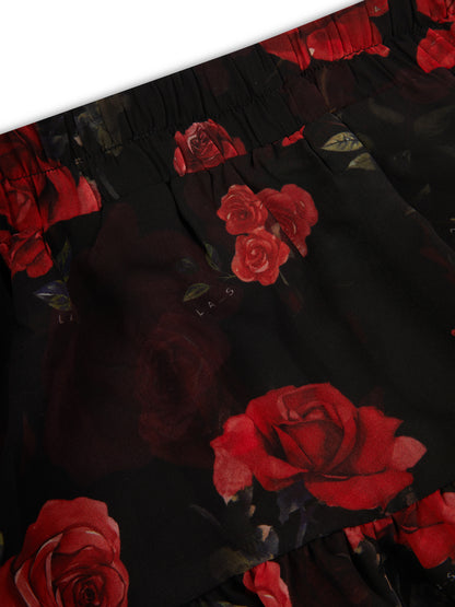 'I HEART NYC' ROSE PRINT TIERED RUFFLE SKORT BLACK