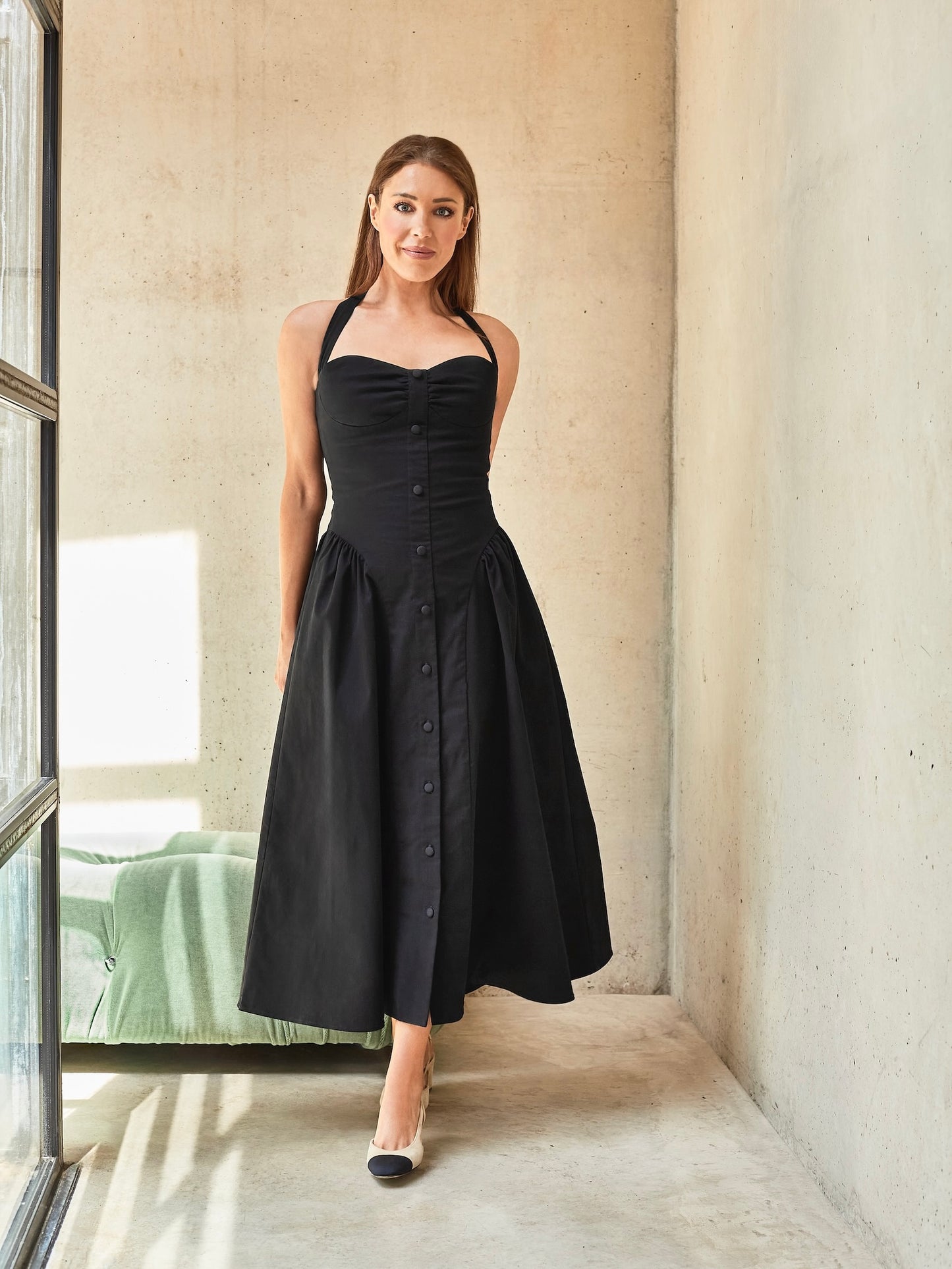 'BRIDGET' BUTTON THROUGH GATHERED MIDI DRESS BLACK