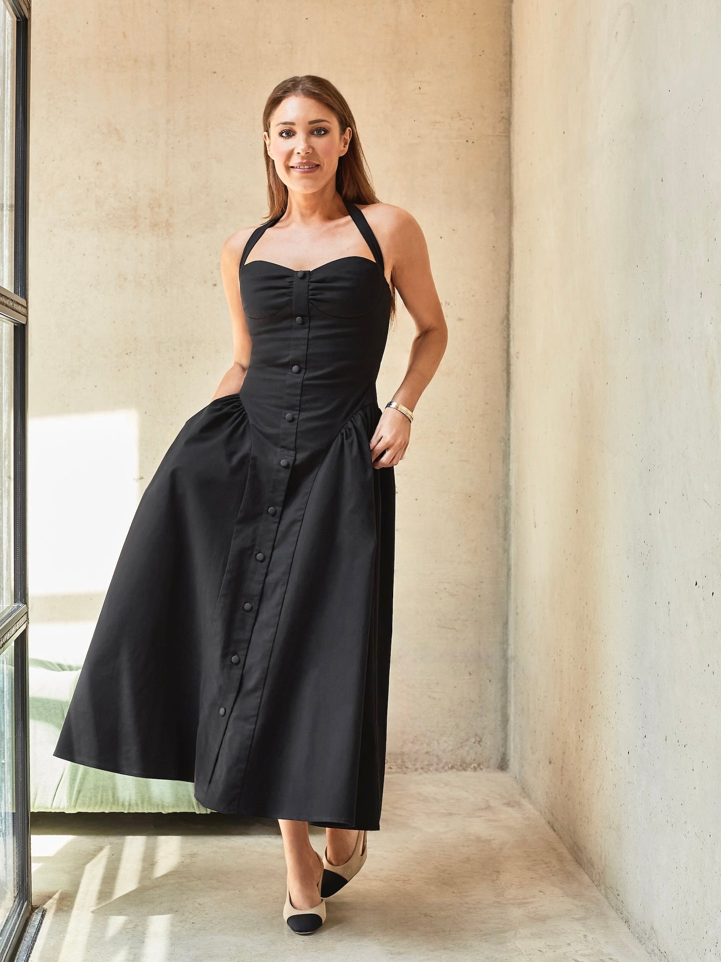 'BRIDGET' BUTTON THROUGH GATHERED MIDI DRESS BLACK