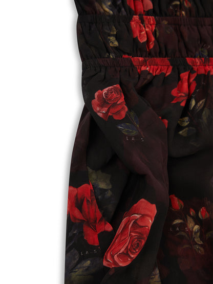 'I HEART NYC' ROSE PRINT SHIRRED BODICE MIDI DRESS BLACK MULTI