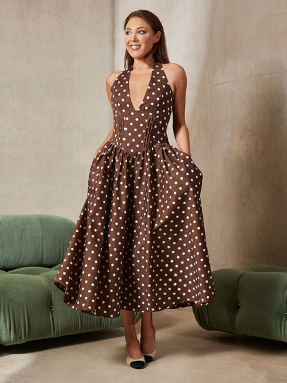 'PRETTY WOMAN' POLKA DOT HALTER NECK CORSET MIDI DRESS BROWN