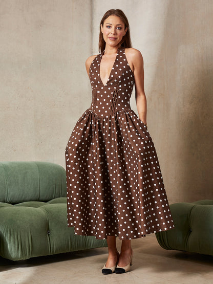 'PRETTY WOMAN' POLKA DOT HALTER NECK CORSET MIDI DRESS BROWN