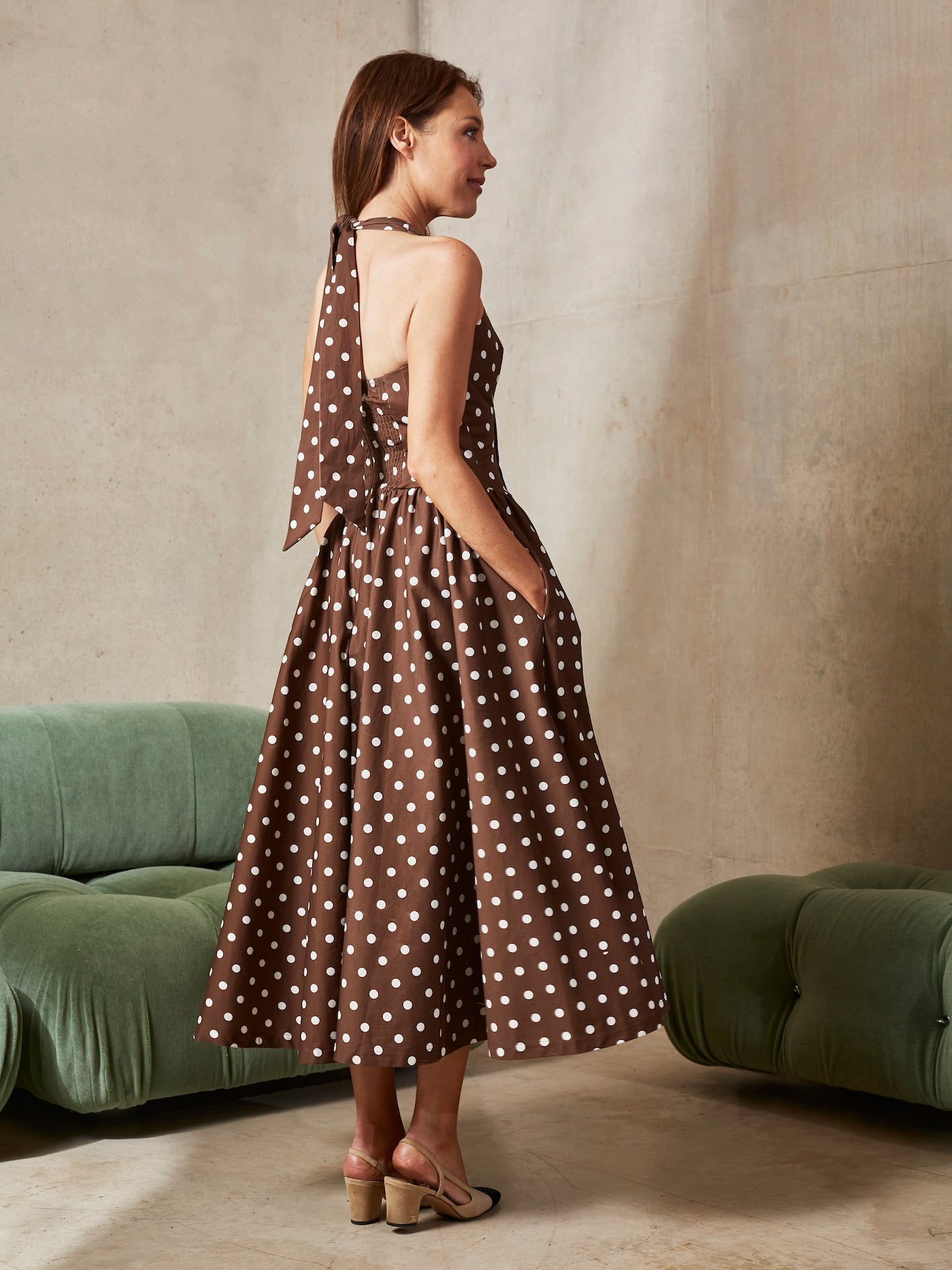 'PRETTY WOMAN' POLKA DOT HALTER NECK CORSET MIDI DRESS BROWN