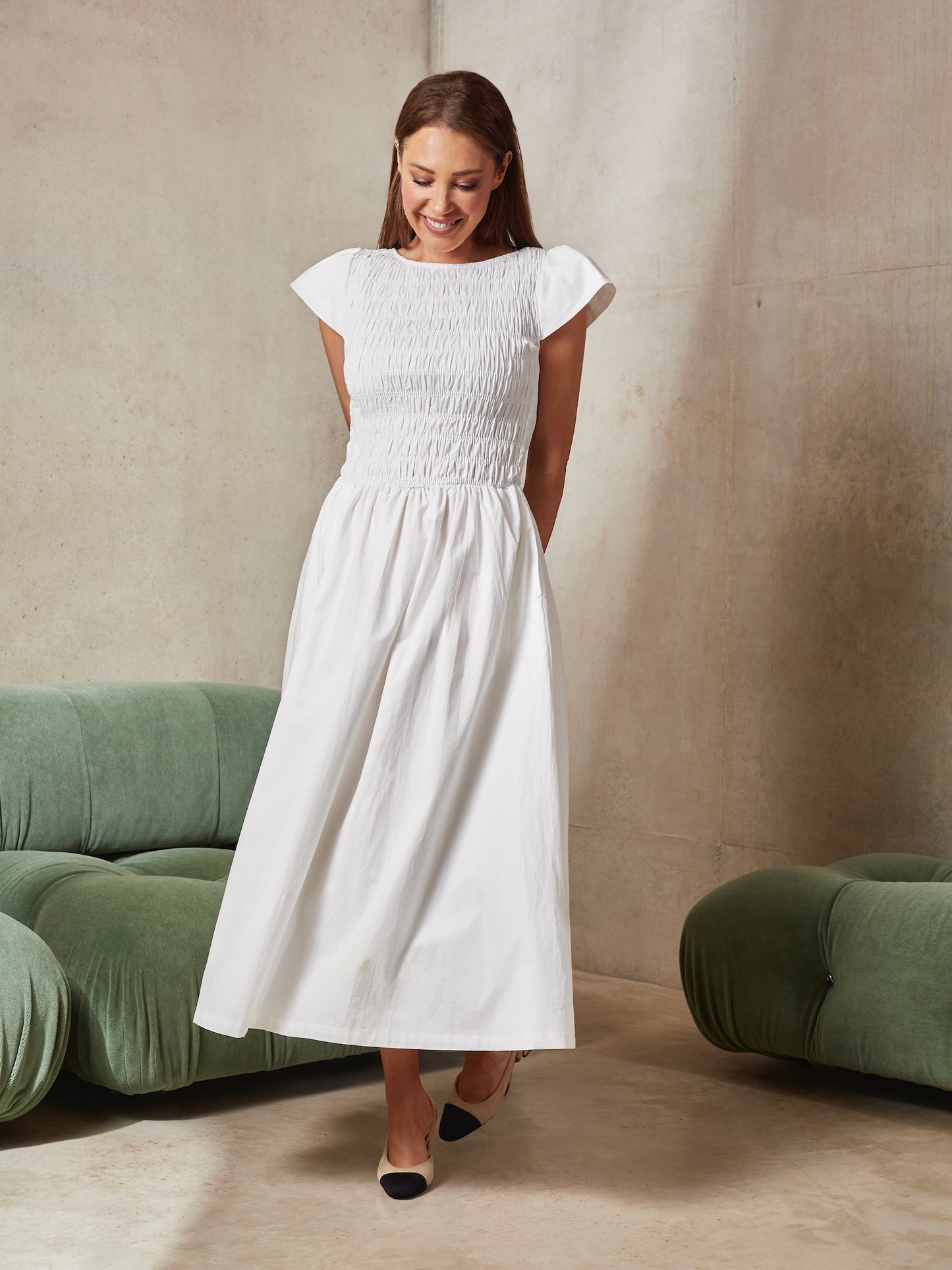 'ELIZABETH' SHIRRED BODICE SHORT SLEEVE MIDAXI DRESS WHITE