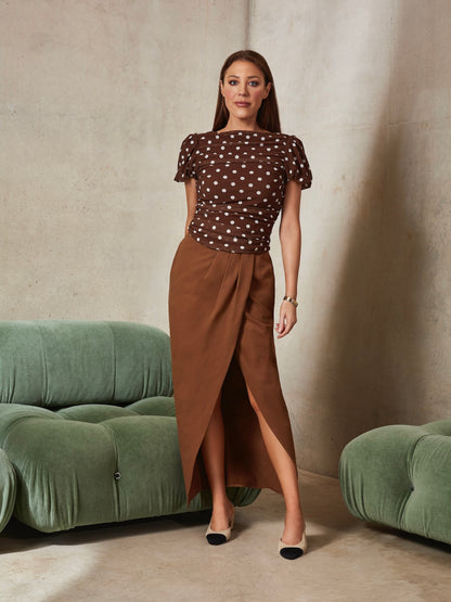 'BEVERLEY' WRAP FRONT MIDI SKIRT BROWN