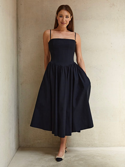 'ELODIE' SQUARE NECK CORSET MIDI DRESS NAVY