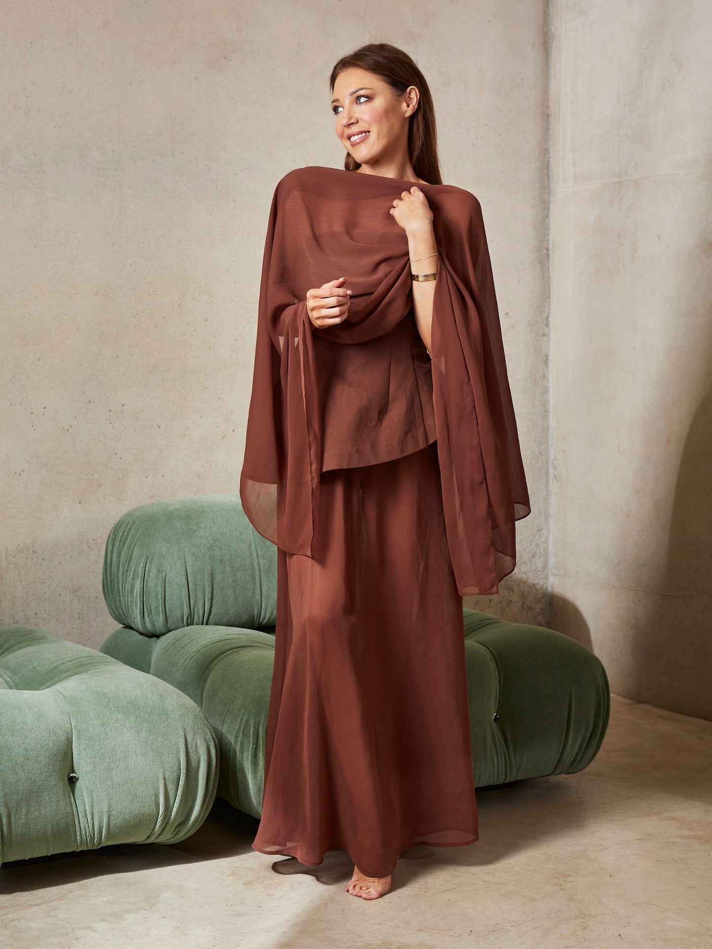 CHIFFON MIDAXI SKIRT AND SCARF BROWN