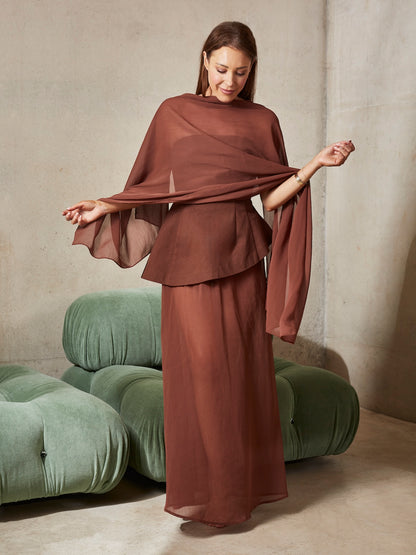 CHIFFON MIDAXI SKIRT AND SCARF BROWN