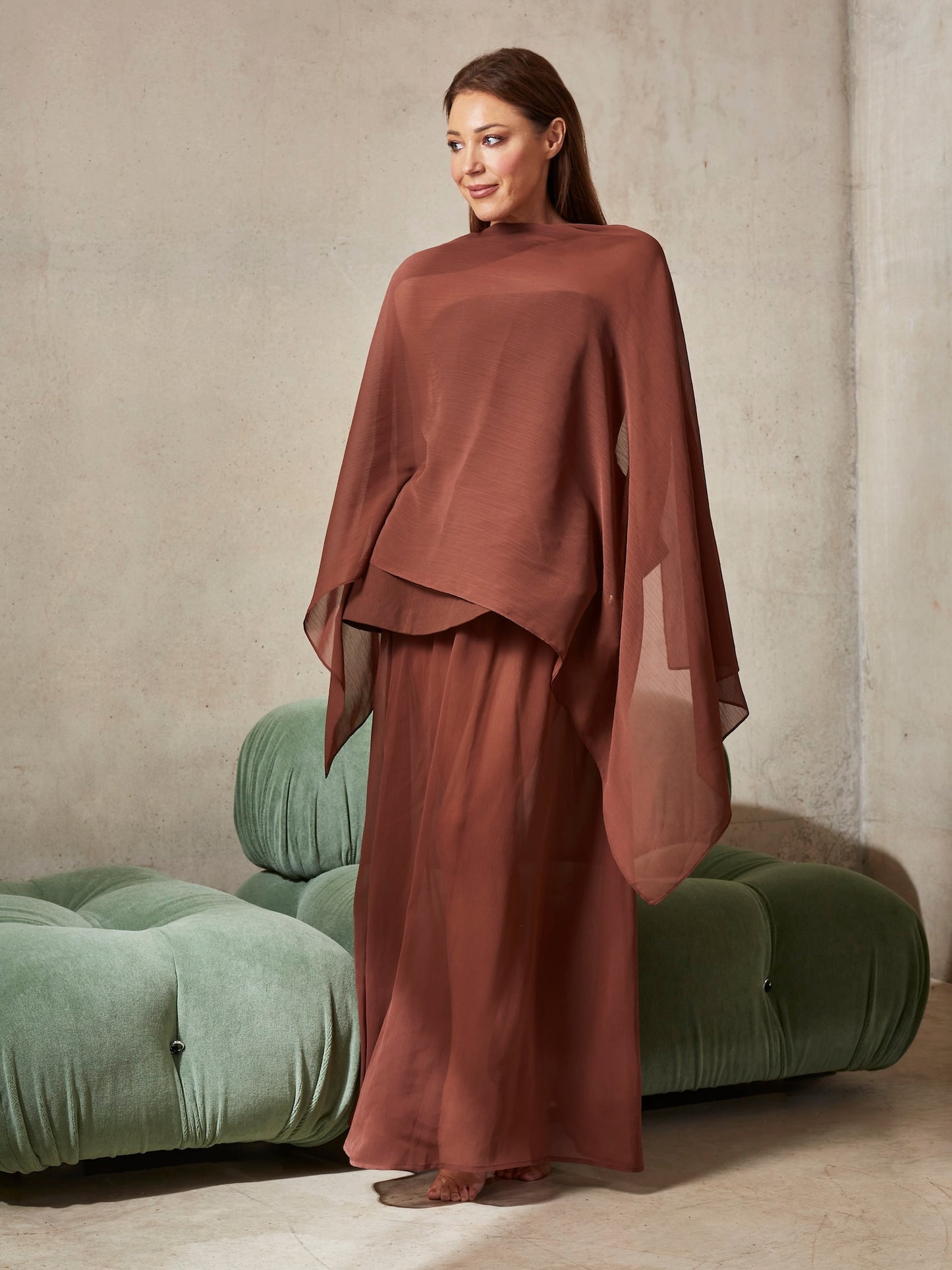 CHIFFON MIDAXI SKIRT AND SCARF BROWN