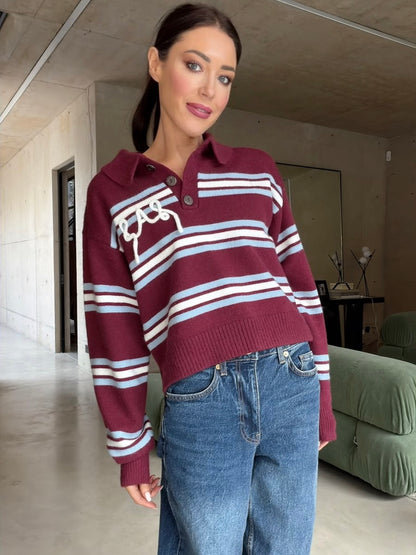 'SUKI' LAS KNITTED RUGBY TOP BURGUNDY MULTI