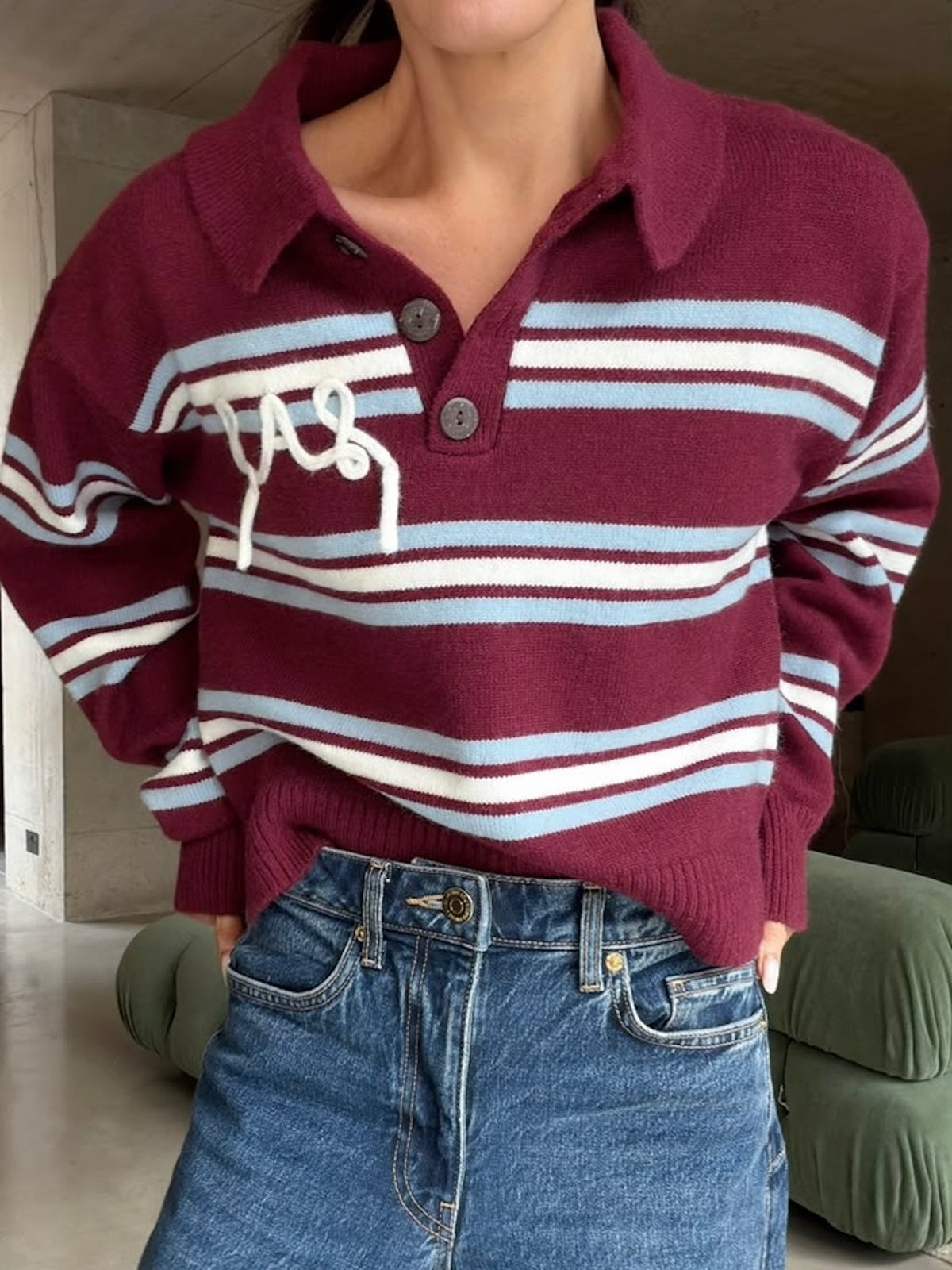 'SUKI' LAS KNITTED RUGBY TOP BURGUNDY MULTI