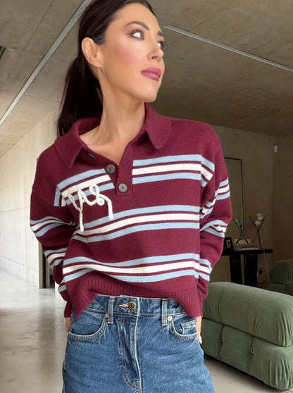 'SUKI' LAS KNITTED RUGBY TOP BURGUNDY MULTI