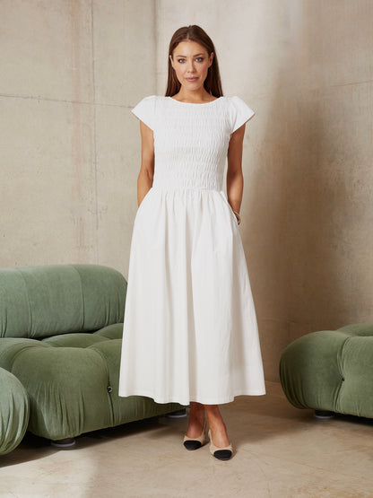 'ELIZABETH' SHIRRED BODICE SHORT SLEEVE MIDAXI DRESS WHITE
